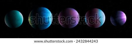 Alien planets in order. Composite image of five exoplanets. Set of realistic planets on a black background. Model of a planetary system.