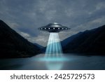 Alien spaceship emitting light beam in air over lake. UFO