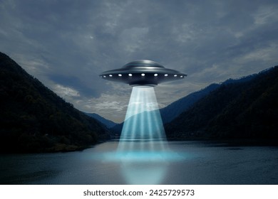 Alien spaceship emitting light beam in air over lake. UFO