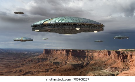 Alien spaceship fleet above the Grand Canyon, in Canyonlands, Utah, USA, for futuristic, fantasy and interstellar travel or war-game backgrounds.