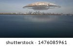 Alien spaceship hovering over Canda City with smoke and helicopters
