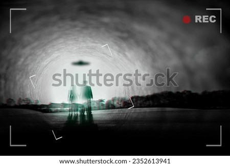 Alien, spaceship and people recording with UFO in sky in nature for fantasy, science fiction and space mission. Extraterrestrial, travel and silhouette in forest for abduction conspiracy on camcorder
