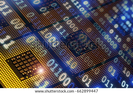 Aligned Computer Processors with blue light binary postproduction effects. futuristic background.