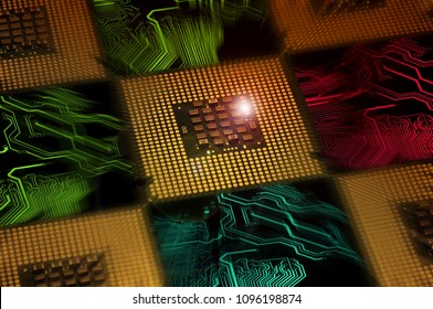 Aligned CPU Chips processor and electronic circuit with lighting effects postproduction, background.