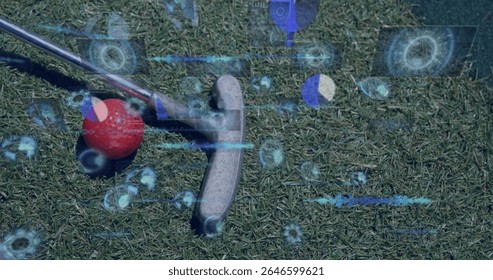 Aligning golf putter on putting green with red golf ball, showing holographic digital interface. Sports, technology, innovation, precision, digital, interface, gameplay - Powered by Shutterstock - Get 15% off with code: PIKWIZARD15