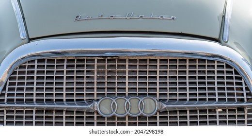 Alimos, Greece - September 19 2021: Front grille of an old vintage Auto Union car later known as Audi