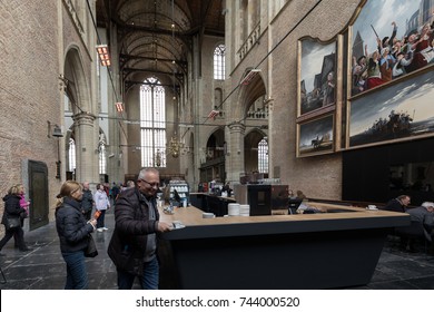 ALKMAAR,  NETHERLANDS - APRIL 21, 2017: People In The Cafe Inside The Church Of St. Lawrence (Grote Kerk Or Great Church) In Alkmaar, Netherlands.
