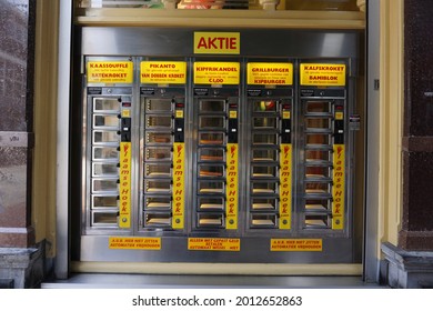 Alkmaar, Netherlands - June 18, 2019; Food from the wall. A vending machine for selling fried snacks.
