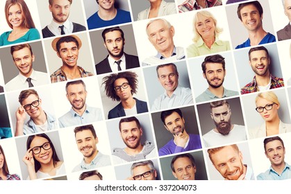 All about people. Collage of diverse multi-ethnic and mixed age people expressing different emotions 