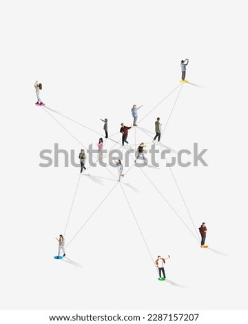 All around the world communication. Aerial view of crowd of different people connected with social media lines over white background. Human cooperation, online technologies, modern lifestyle concept