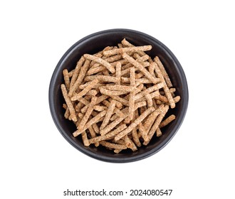 All Bran Cereal In Black Bowl Isolated On White Background, Top View