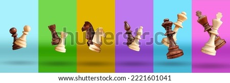 All the chess pieces floating above the table. King, queen, bishop, knight, pawn, rook, multicolored collage with black and white chess pieces. Advertising of a chess school