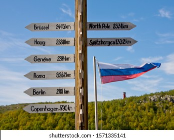 All Directions Sign Post Near Norwegian Russian Border At Kirkenes, Norway