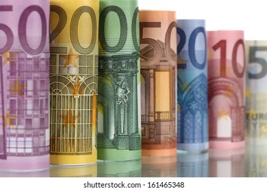 All Euro Notes Of The European Union Currency In A Row With Reflection