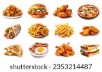 All Fast Food collection set, isolated on white background. Fried chicken, fries, pizza, sandwich, chicken nuggets, eggs and bacon, shawarma, prawns. Junk food of Fast Food set. Closeup of fast foods.