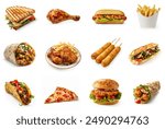 All Fast Food collection set, isolated on white background. Fried chicken, fries, pizza, sandwich, corndog, taco, chicken burger, shawarma, burrito. Junk food of Fast Food set. Closeup of fast foods.