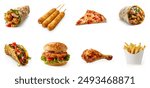 All Fast Food collection set, isolated on white background. Fried chicken, fries, pizza, sandwich, corndog, taco, chicken burger, shawarma, burrito. Junk food of Fast Food set. Closeup of fast foods.