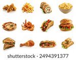 All Fast Food collection set, collection isolated on white background. Fast food restaurant banner, menu collection. taco, chicken strips, grilled sandwich, drumstick, subway sandwich, ham burger.