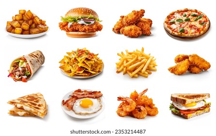 All Fast Food collection set, isolated on white background. Fried chicken, fries, pizza, sandwich, chicken nuggets, eggs and bacon, shawarma, prawns. Junk food of Fast Food set. Closeup of fast foods. - Shutterstock ID 2353214487