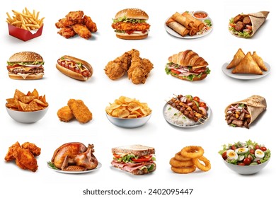 All Fast Food collection set, isolated on white background. Fried chicken, fries, hamburger, turkey, hotdog, sandwich, chicken nuggets, shawarma. Junk food of Fast Food set. Closeup of fast foods.