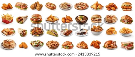 All Fast Food collection set, isolated on white background. Fried chicken, fries, hamburger, turkey, hotdog, sandwich, chicken nuggets, shawarma. Junk food of Fast Food set. Closeup of fast foods.