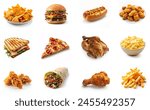 All fast food set collection, isolated on white background. beef patty burger, hotdog, chicken nuggets, grilled sandwich, pizza slice, turkey roast, mac and cheese, chicken strips, burrito, fries.