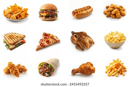 All fast food set collection, isolated on white background. beef patty burger, hotdog, chicken nuggets, grilled sandwich, pizza slice, turkey roast, mac and cheese, chicken strips, burrito, fries. - Powered by Shutterstock