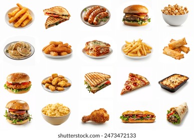 All fast foods menu collection, isolated on white background. Many Delicious fast foods set isolated. Hamburger, chicken nuggets, burrito, pizza slice, fries, hotdog, lasagna. Big fast foods menu set. - Powered by Shutterstock