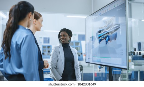 All Female Team: Automotive Designer, Chief Engineer, And Manager Use Digital Interactive Whiteboard That Shows 3D Jet Engine Concept. Developers Find Problem Solution. Factory Meeting Room