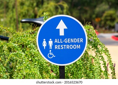 All Gender Restroom Outdoor Sign With Directional Arrow. ADA Compliant Gender Neutral Outdoor Signage.