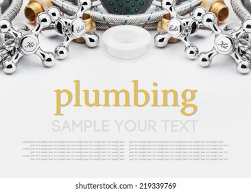 All kinds of plumbing and tools on a gray background 