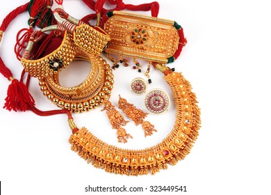 All Mix Indian Traditional Gold Jewellery Isolated On White