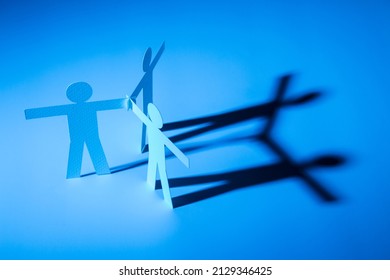 All In One Joining Of Three Paper Figure On Blue Light Background. In Concept Of Business, Cooperation And Free