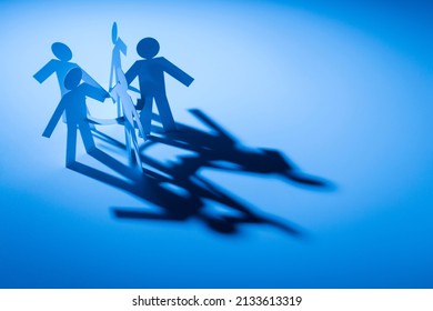 all in one link of five both hand down paper figure on blue light background. in concept of business, teamwork and free