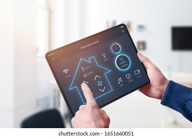 All In One Smart Home Control System App Concept On Tablet Display In Man Hands