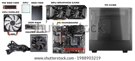 All parts and components for modern desktop computer. Mainboard power supply RAM M2 SSD hard disk CPU fan cooler graphics card and midi tower pc case isolated white background 