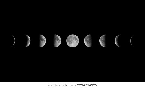 All phases of Moon: Waning Crescent, Third Quarter, Waning Gibbous, Full Moon, Waxing Gibbous, First Quarter and Waxing Crescent against black background - Powered by Shutterstock