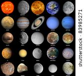 All of the planets that make up the solar system with the sun and prominent moons included.