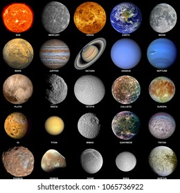 Alle Planeten, aus denen das Sonnensystem besteht, mit der Sonne und den prominenten Monden inbegriffen.Elemente dieses Bildes werden von der NASA bereitgestellt.