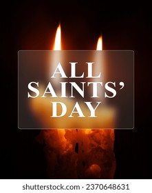 All Saints' Day greeting banner  with glassmorphism effect. All Hallows' Day. Solemnity of All Saints. two burning candles with blurred focus and text in glass frame.