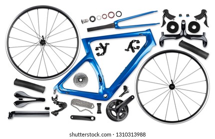 All Single Parts Components Of Blue Black Modern Aerodynmic Carbon Fiber Racing Sport Road Bike Bicycle Racer Isolated On White Background