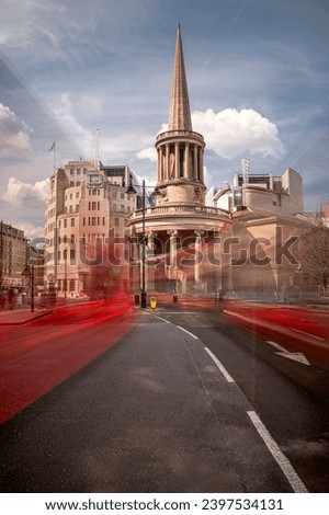 All Souls Church and the BBC in Regent Street with blurred traffic