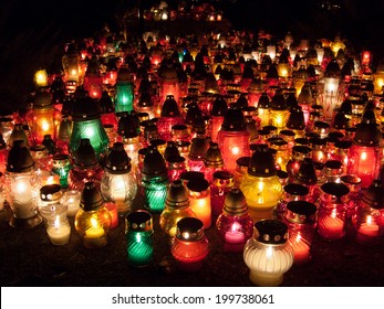 All souls day. Multicolored candles lit to celebrate All Souls Day. They symbolize our memory of loved ones who have passed away. They express our respect to them. 