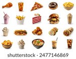 All types of fast food items set. Fast food collection. Different fast foods assorted, isolated on white background. hamburger, cake, cola, milkshake, donut, pizza, fries, fried chicken, chips.