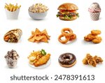 All types of fast food items set. Fast food collection. Different fast foods assorted, isolated on white background. Beef burger, popcorn, ice cream, chicken nuggets, onion rings, nachos, shawarma.
