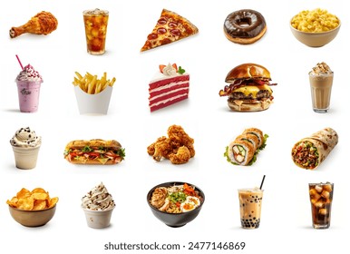 All types of fast food items set. Fast food collection. Different fast foods assorted, isolated on white background. hamburger, cake, cola, milkshake, donut, pizza, fries, fried chicken, chips. - Powered by Shutterstock