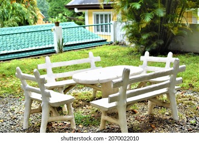 All Weather Outdoor Patio Garden Furniture With White Round Concrete Table And Chairs. Home And Living