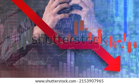 All world stock fail background and digital red number on stock board. Concept of financial crisis. Stock market down trend and despair broker man on graph and number with bearis time. 