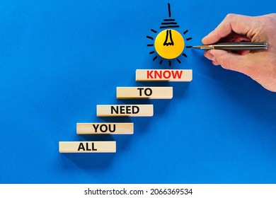 All You Need To Know Symbol. Wooden Blocks With Words All You Need To Know On Blue Background, Copy Space. Light Bulb Icon. Businessman Hand With Pen. Business, All You Need To Know Concept.