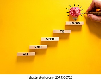 All You Need To Know Symbol. Wooden Blocks With Words All You Need To Know On Beautiful Yellow Background, Copy Space. Businessman Hand, Light Bulb Icon. Business, All You Need To Know Concept.